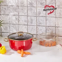 Karaca Mutfaksever Retro Cam Kapaklı Emaye 22 cm Derin Tencere Kırmızı