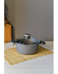 Oms Collection Cam Kapaklı Granit 22 cm Derin Tencere Gri