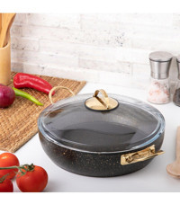 Evren Gold Stone Çelik Kulplu Cam Kapaklı Granit 22 cm Karnıyarık Tencere