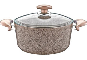 Oms Collection 3110 Cam Kapaklı Granit 20 cm Derin Tencere Kahverengi