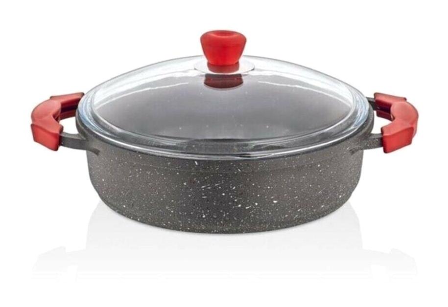 Eda Cam Kapaklı Granit 24 cm Karnıyarık Tencere Kırmızı