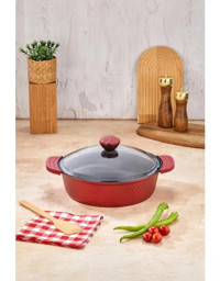 Cooker Kristal Serisi Cam Kapaklı Döküm-Granit 30 cm Basık Tencere Kırmızı