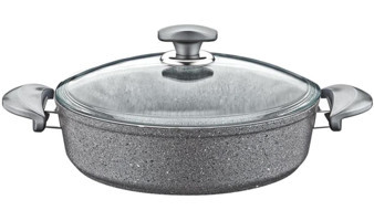 Oms Collection 514995 Cam Kapaklı Granit 32 cm Basık Tencere Gri