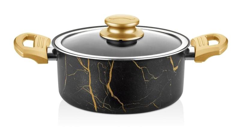Cem Gold Marble Cam Kapaklı Alüminyum 20 cm Derin Tencere