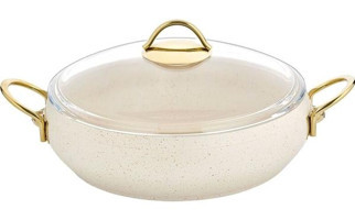 Lavonni Cam Kapaklı Granit 26 cm Basık Tencere Krem