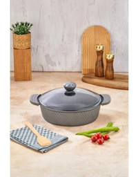 Cooker Kristal Serisi Cam Kapaklı Döküm-Granit 30 cm Basık Tencere Gri