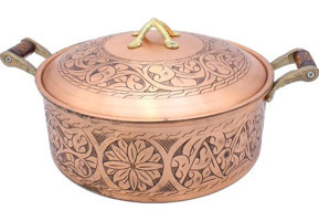 Copperdone El İşlemeli Ahşap Kulplu Bakır 29 cm Derin Tencere