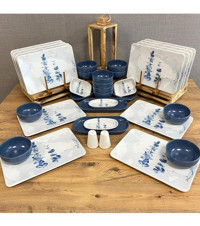 Demet Çeyiz Blue Magic 34 Parça 12 Kişilik Desenli Porselen Dikdörtgen Yemek Takımı