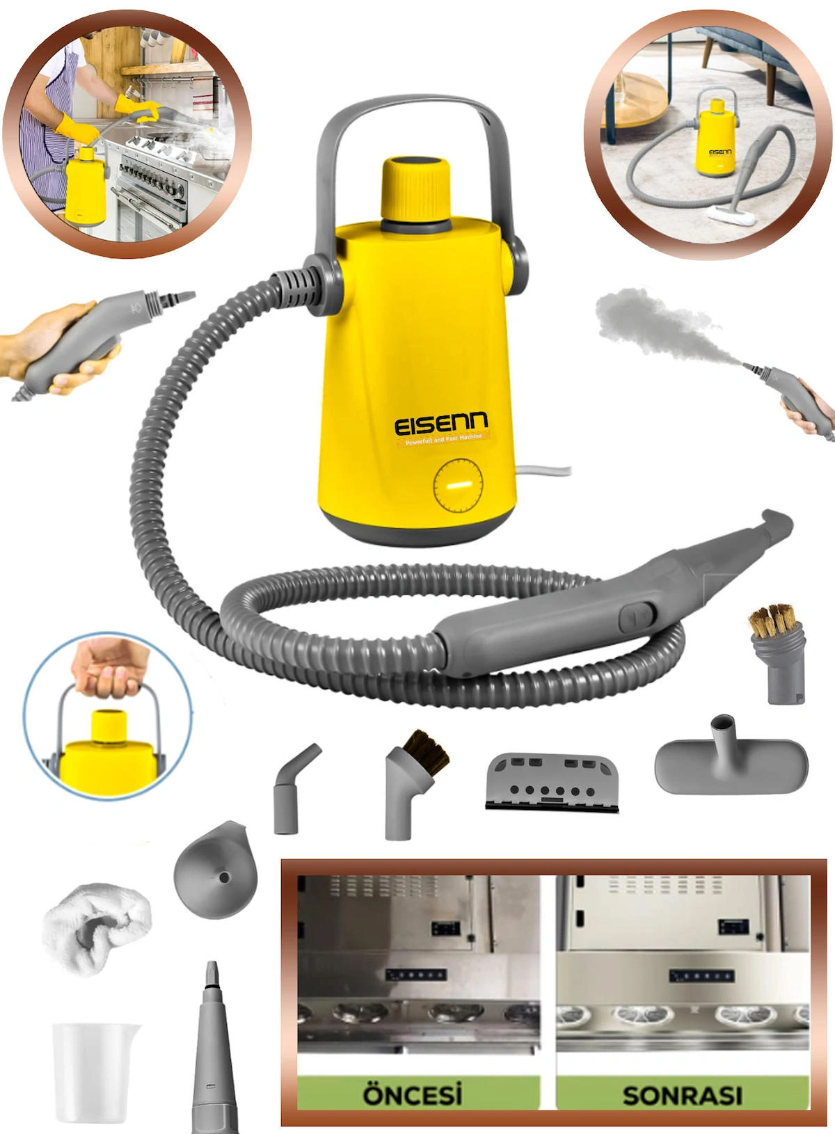 Eisenn Alman Yellow Series 1800 W 3 bar Vakumlu Buharlı Temizleyici