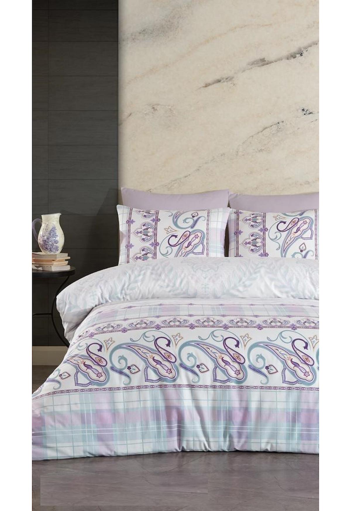 Jolly Home Pamuk-Polyester 160x220 cm Çarşaflı Desenli Tek Kişilik Nevresim Takımı Lila