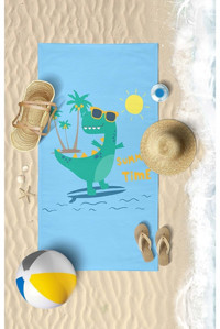 Vevienhome Surf Dino 2 Pamuklu Çocuk Plaj Havlusu Çok Renkli