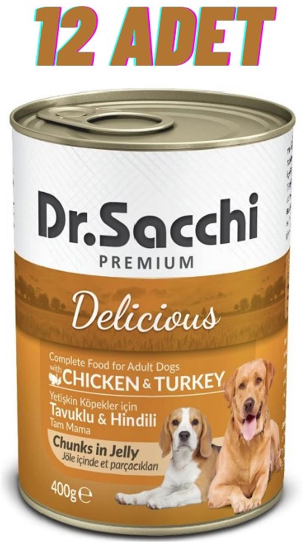 Dr.sacchi Premium Delicious Hindili-Tavuklu Jöleli-Parça Etli Yetişkin Köpek Maması 12 x 400 gr 12'li