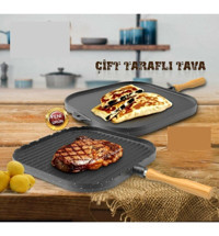Cookcase Çift Taraflı Kare Ahşap Saplı Döküm 36 cm Grill Tava Siyah