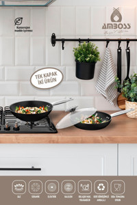 Amboss Kapaklı Çelik Saplı Titanyum 28 cm Wok Tava Siyah