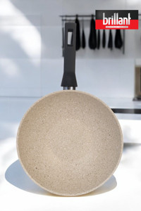 Brillant Lüks Plastik Saplı Alüminyum 28 cm Wok Tava Krem