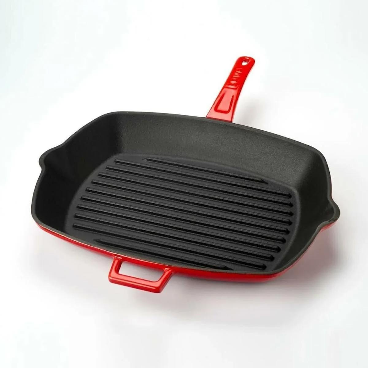 Lava Kare Metal Saplı Döküm 26x32 cm Grill Tava Kırmızı