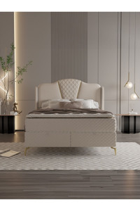 Modamed Mari Gold 150x200 cm Yataklı Başlıklı Çift Kişilik Sandıklı Baza Seti Bej