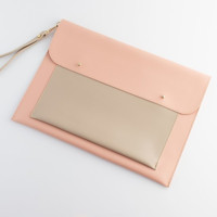Dk Leather 13-13.3-14 inç Deri Su Geçirmez El-Omuz Laptop Çantası Bej-Pudra