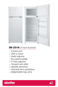 Simfer SR-2514 Çift Kapılı Statik E 204 lt Klasik Beyaz Üstten Donduruculu Kombi Tipi Buzdolabı