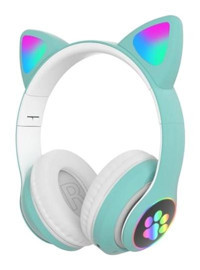 Coofbe Kedi Kulak-360MAH Android & iOS Uyumlu Su Geçirmez 5.0 Işıklı Silikonsuz Gürültü Önleyici Oyuncu Kablosuz Kulak Üstü Bluetooth Kulaklık Yeşil