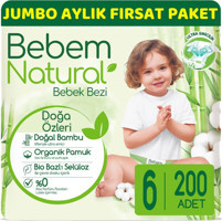 Bebem Natural Jumbo Aylık Fırsat Paket 6 Numara Yıkanabilir Organik Göbek Oyuntulu Göbek Oyuntulu Cırtlı Bebek Bezi 200'lü