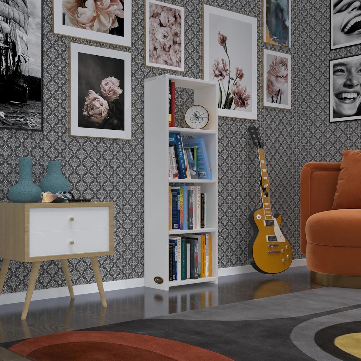 Kenzlife Süper Ga Tek Bölmeli 4 Raflı Beyaz Kitaplık