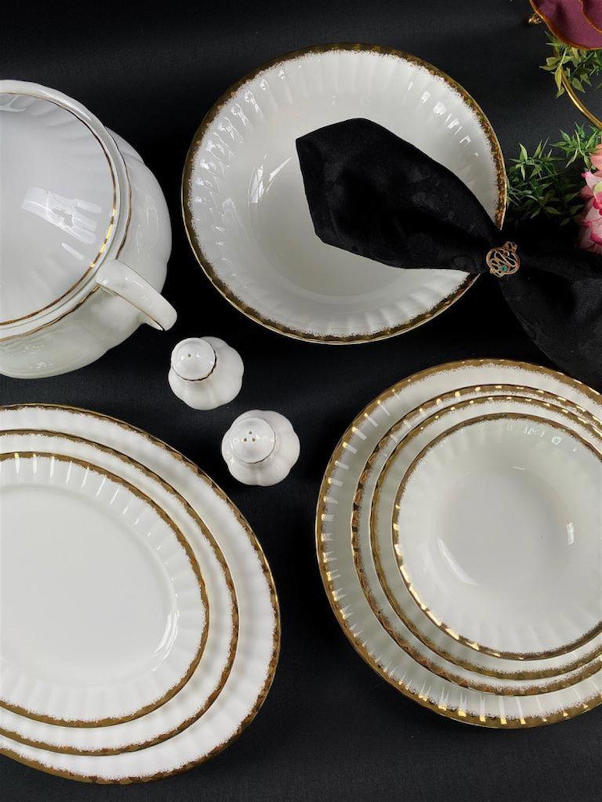 Monno Oro Gold 59 Parça 12 Kişilik Desenli Bone China Porselen Yuvarlak Yemek Takımı