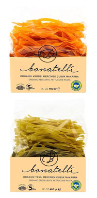 Bonatelli Organik Kırmızı Mercimekli-Yeşil Mercimekli Çubuk Makarna 2x400 gr