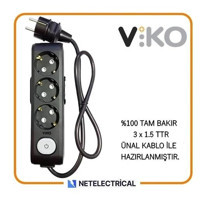 Viko Multi-Let Topraklı Anahtarlı Akım Korumalı 3'lü 4 m Grup Priz Siyah