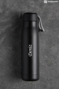 Megame Kişiye Özel Paslanmaz Çelik 600 ml Outdoor Matara Termos Siyah