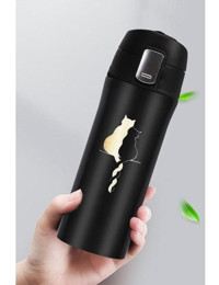 Tusah Kedi Desenli Paslanmaz Çelik 450 ml Matara Termos Siyah