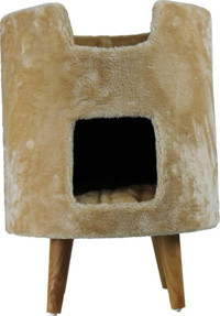 Lotus Furniture Pet Series Oslo Silindir-Yuvarlak 2 Katlı İç Mekan Mdf-Peluş Kedi Evi Bal-Gri-Kahve