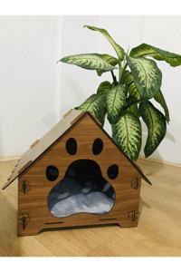Palm Decor Kulübe Kare Tek Katlı İç Mekan Mdf Kedi Evi Doğal Ahşap