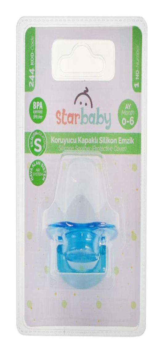 Star Baby Koruyucu Kapaklı 0-6 Ay Delikli Yenidoğan Kiraz Uçlu Damaklı Silikon Emzik Mavi
