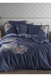 Dantela Calista Saten Dört Mevsim 200x220 cm Çarşaflı Lastiksiz Nakışlı Çift Kişilik Nevresim Takımı Lacivert