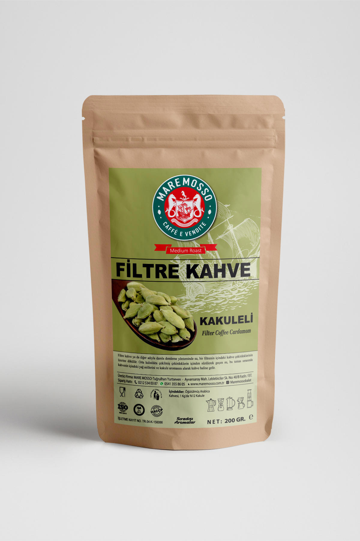 Mare Mosso Kakule Aromalı Öğütülmüş Filtre Kahve 200 Gr.