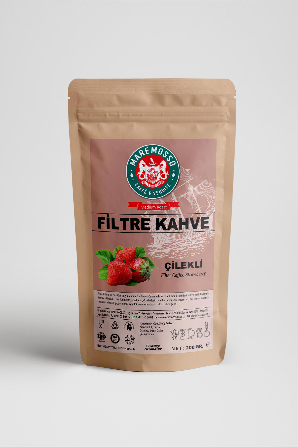 Mare Mosso Çilek Aromalı Öğütülmüş Filtre Kahve 200 Gr.