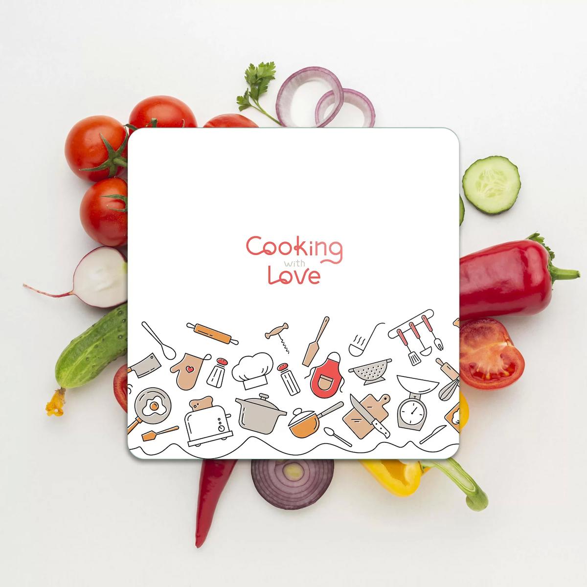 Decovetro Kare Cooking Love Desenli 30x30 Cam Orta Boy Çok Renkli Kesme Tahtası