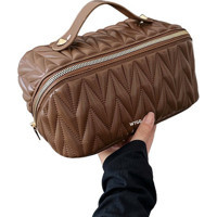 Wtgd Lingge Bölmeli Kahverengi Zigzag Desenli PU - Polyester Büyük Boy Çok Gözlü Seyahat Makyaj Çantası