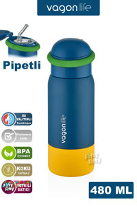 Vagonlife Çocuk Paslanmaz Çelik 480 ml Pipetli Outdoor Matara Termos Lacivert