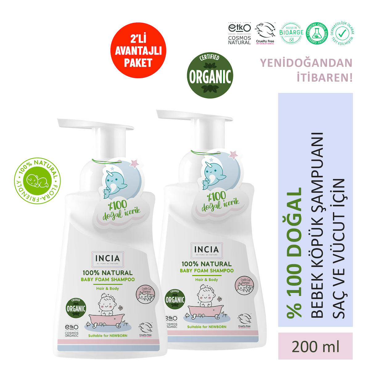 Incia Konak Önleyici Göz Yakmayan Hipoalerjenik Yenidoğan İçin Bitki Özlü Bebek Şampuanı 2x200 ml