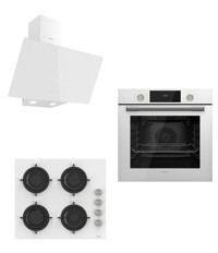 Ferre D078 - CS206 - QMS63CB Dijital Doğalgazlı Cam Klasik Set Üstü Davlumbaz 3'lü Ankastre Set Beyaz