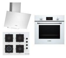 Bosch HBF512BW1T - POP6C2P30O - DWK64PJ20T Dijital Doğalgazlı Cam Klasik Set Üstü Davlumbaz 3'lü Ankastre Set Beyaz