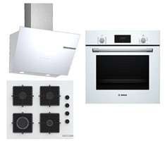 Bosch HBF512BW1T - POP6C2P30O - DWK66PJ20T Dijital Doğalgazlı Cam Klasik Set Üstü Davlumbaz 3'lü Ankastre Set Beyaz
