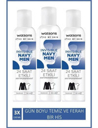 Watsons Invisible Navy Pudralı Ter Önleyici Antiperspirant Sprey Erkek Deodorant 3x150 ml