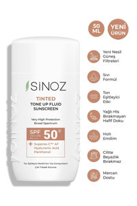 Sinoz Tinted Renkli 50 Faktör Tüm Ciltler İçin Ton Eşitleyici Mineral Filtreli Kapatıcılı Yağsız Yüz Güneş Kremi 50 ml