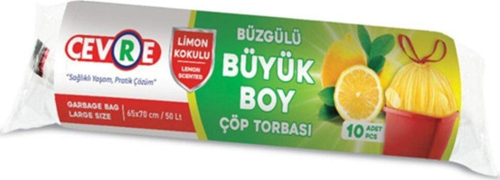Çevre Limon Kokulu Şeffaf Büzgülü Büyük Boy 65x70 cm Çöp Poşeti 10x12 Adet Sarı