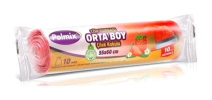 Polmix Çilek Kokulu Şeffaf Büzgülü Orta Boy 55x60 cm Çöp Poşeti 60 Adet Pembe