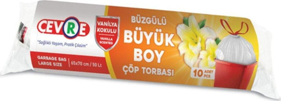 Çevre Vanilya Kokulu Şeffaf Büzgülü Büyük Boy 65x70 cm Çöp Poşeti 10x12 Adet Beyaz