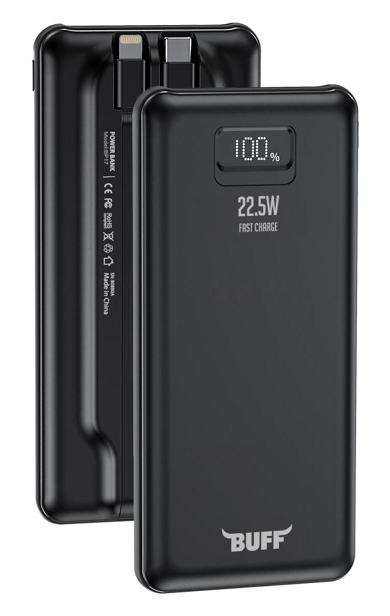 Buff BP17 10000 mAh Hızlı Şarj Dijital Göstergeli Lightning Çoklu Kablolu Powerbank Siyah